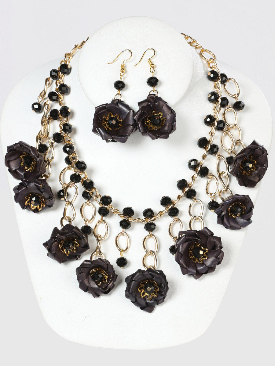 Artisanal Set Earrings-Necklace — Palm-Silk Thread in Black