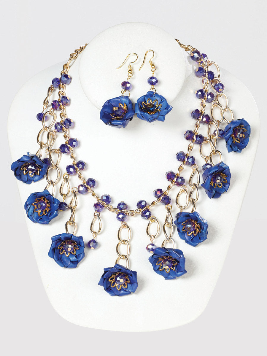 Artisanal Set Earrings-Necklace — Palm-Silk Thread in Royal Blue