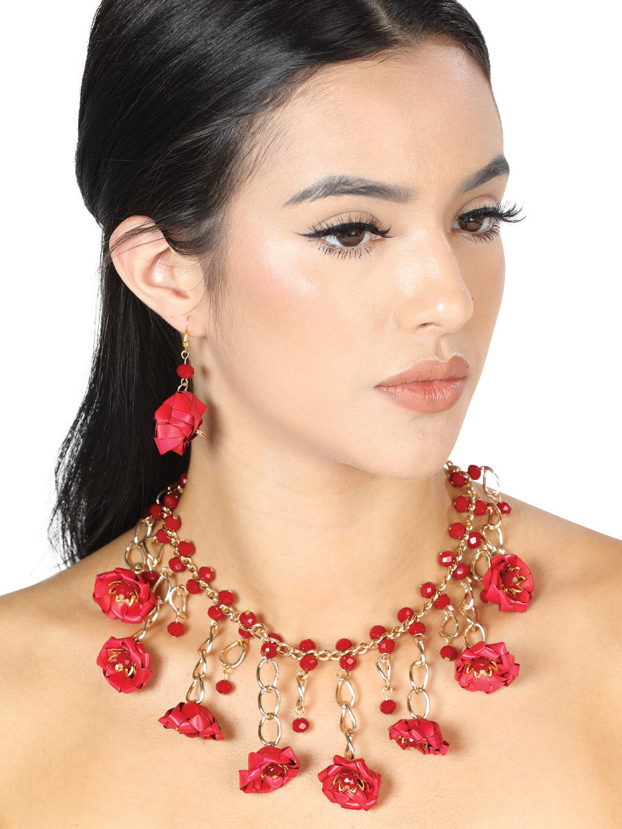 Artisanal Set Earrings-Necklace — Palm-Silk Thread in Red