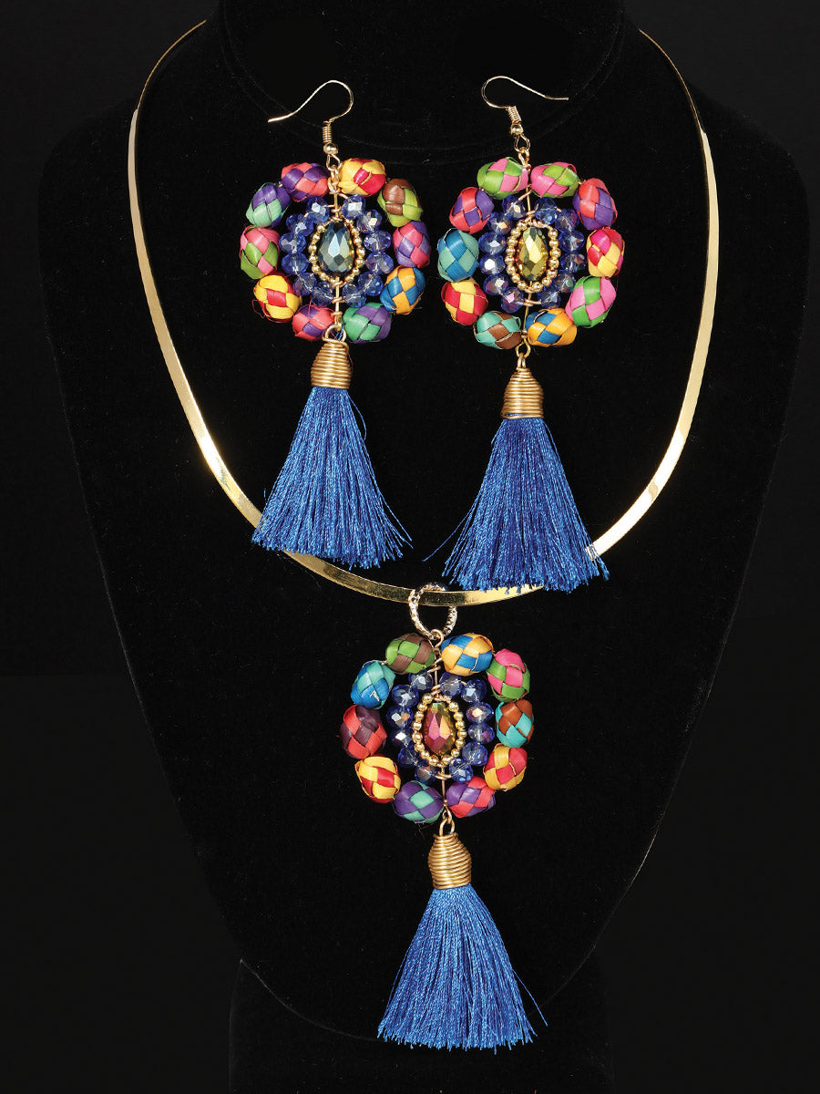 Artisanal Set Earrings-Necklace — Palm-Silk Thread in Royal Blue