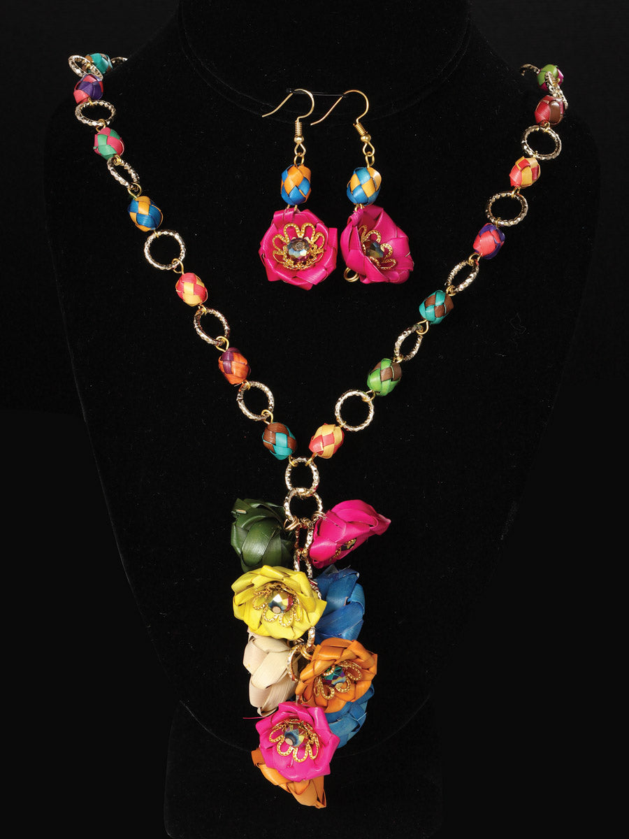 Artisanal Set Earrings-Necklace Palm in Multicolor