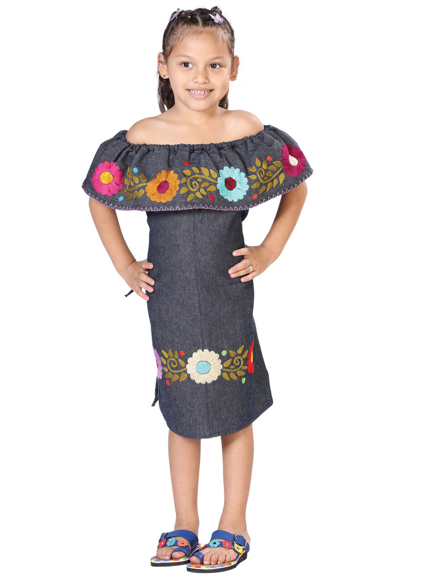 Artisanal Embroidered Dress 100% Cotton in Denim Blue