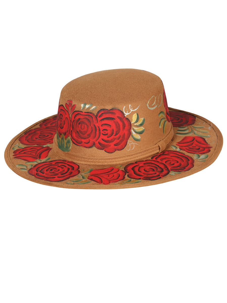 Artisanal Suede Hat — Red Roses in Camel