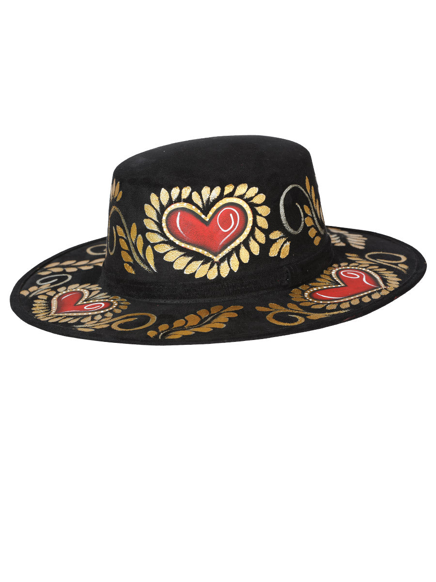 Artisanal Suede Hat — Red/Golden Heart in Black
