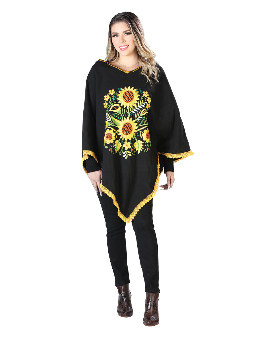 Artisanal Embroidered Poncho 50% Cotton, 50% Polyester in Black
