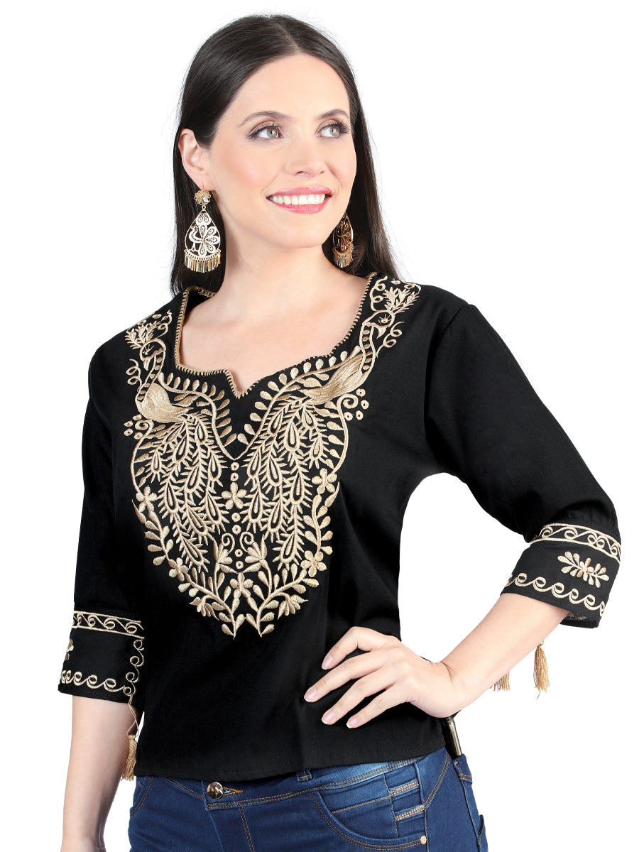 Artisanal Embroidered Blouse 100% Cotton in Black