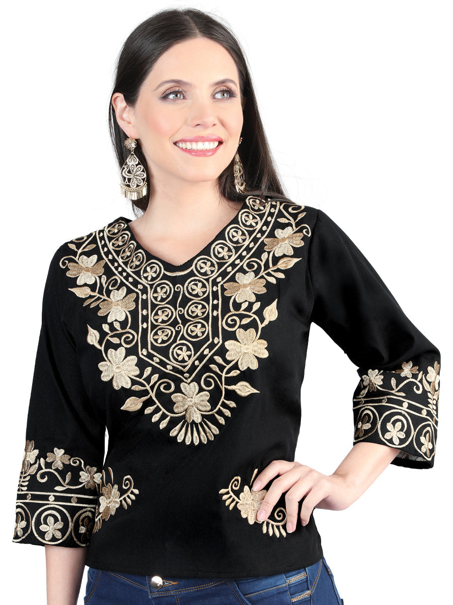 Artisanal Embroidered Blouse 100% Cotton in Black