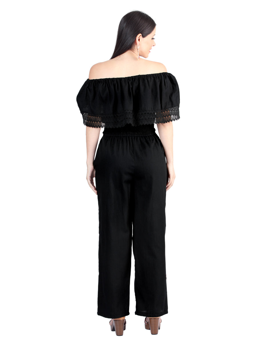 Artisanal Embroidered Jumpsuit 100% Cotton in Black