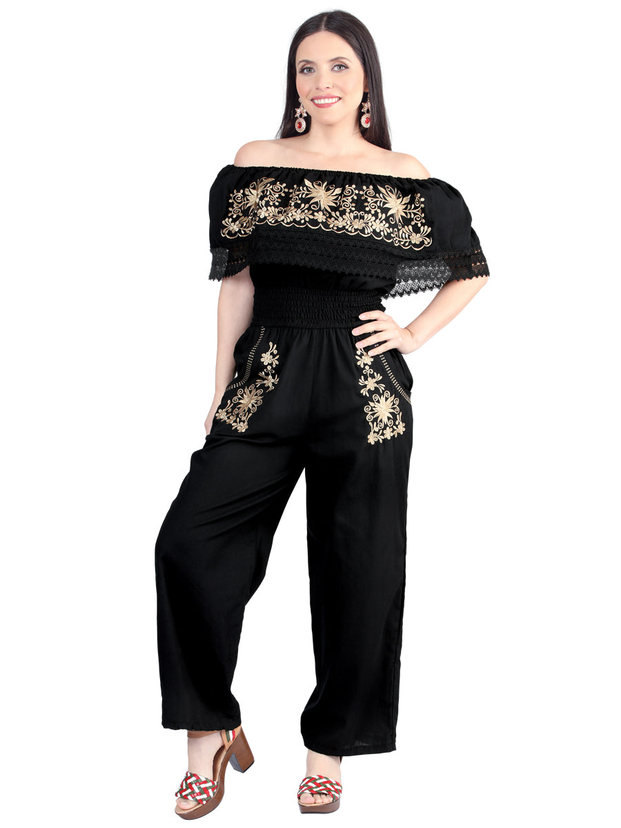 Artisanal Embroidered Jumpsuit 100% Cotton in Black