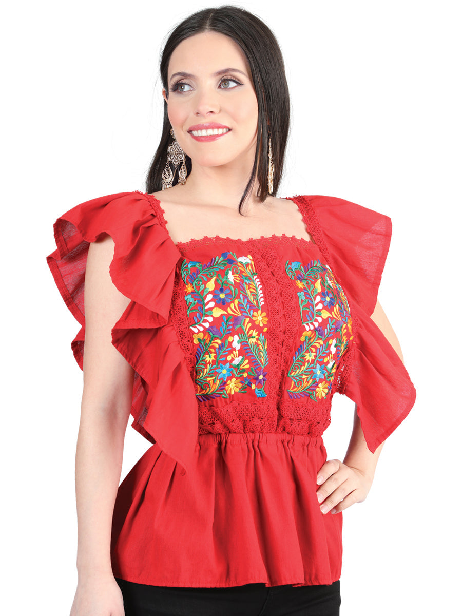 Artisanal Embroidered Blouse 100% Cotton in Red