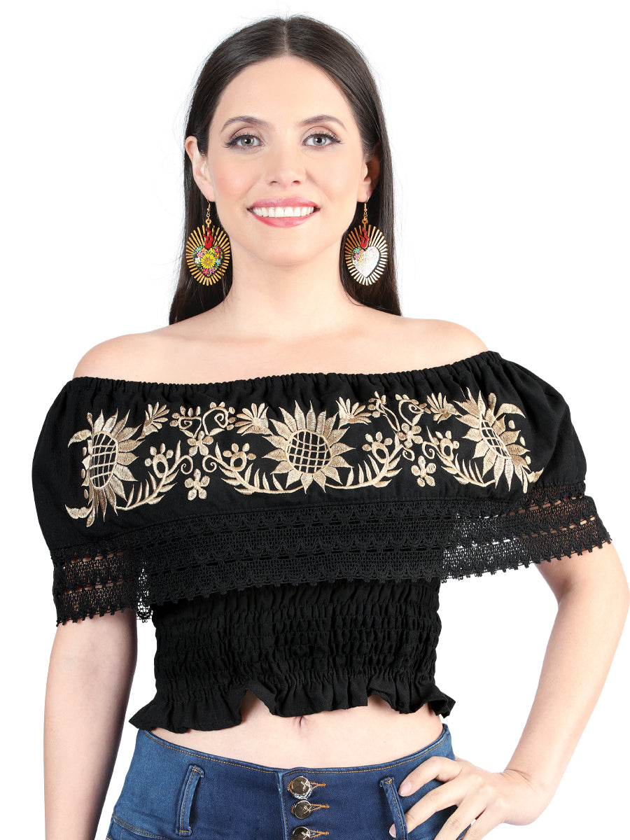 Artisanal Embroidered Blouse 100% Cotton in Black
