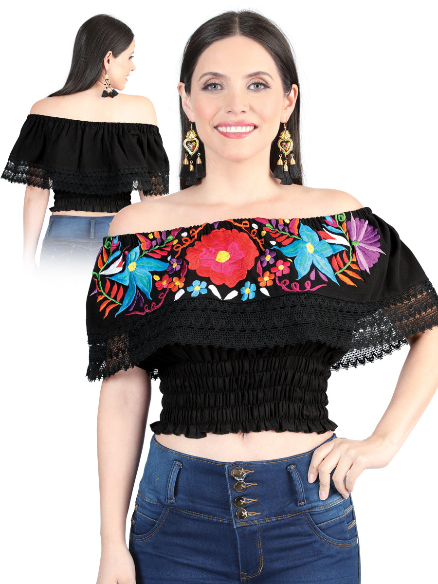 Artisanal Embroidered Blouse 100% Cotton in Black