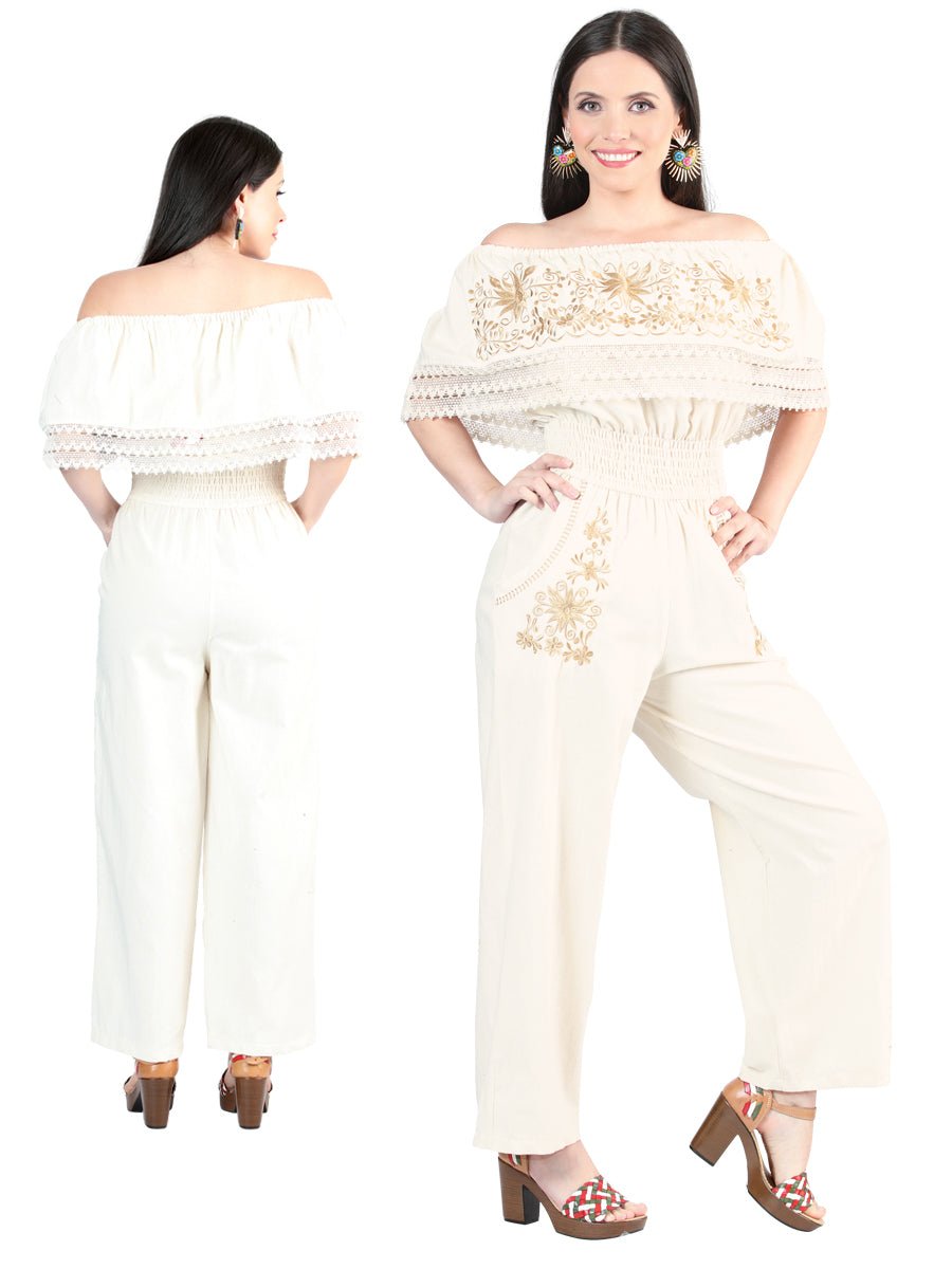 Artisanal Embroidered Jumpsuit 100% Cotton in Beige