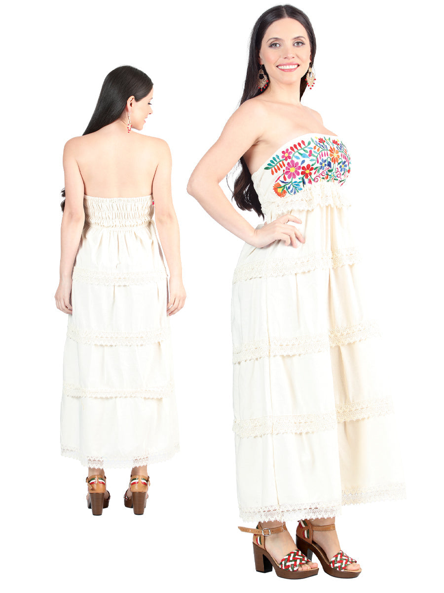Artisanal Embroidered Dress 100% Cotton in Beige