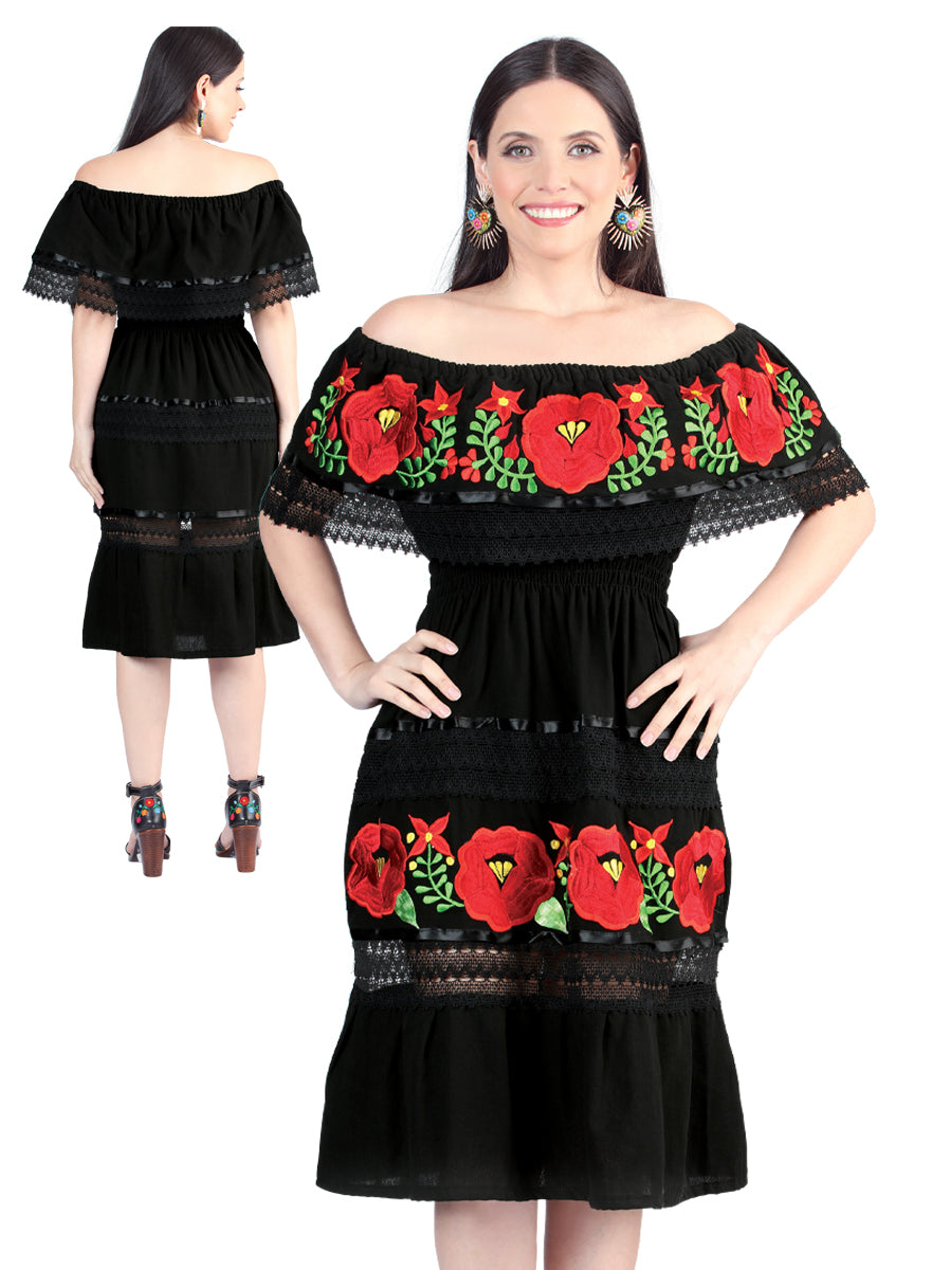 Artisanal Embroidered Dress 100% Cotton in Black