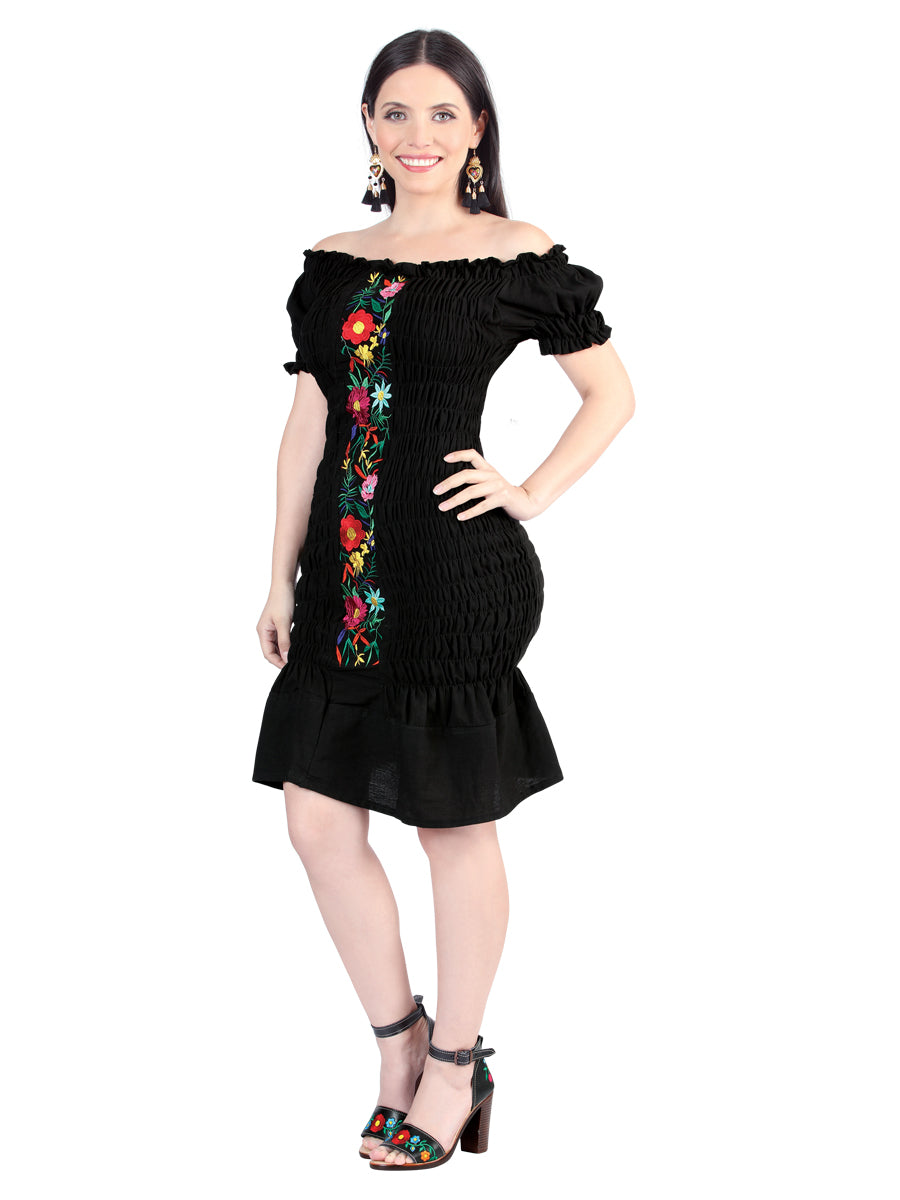 Artisanal Embroidered Dress 100% Cotton in Black