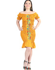 Artisanal Embroidered Dress 100% Cotton in Mustard