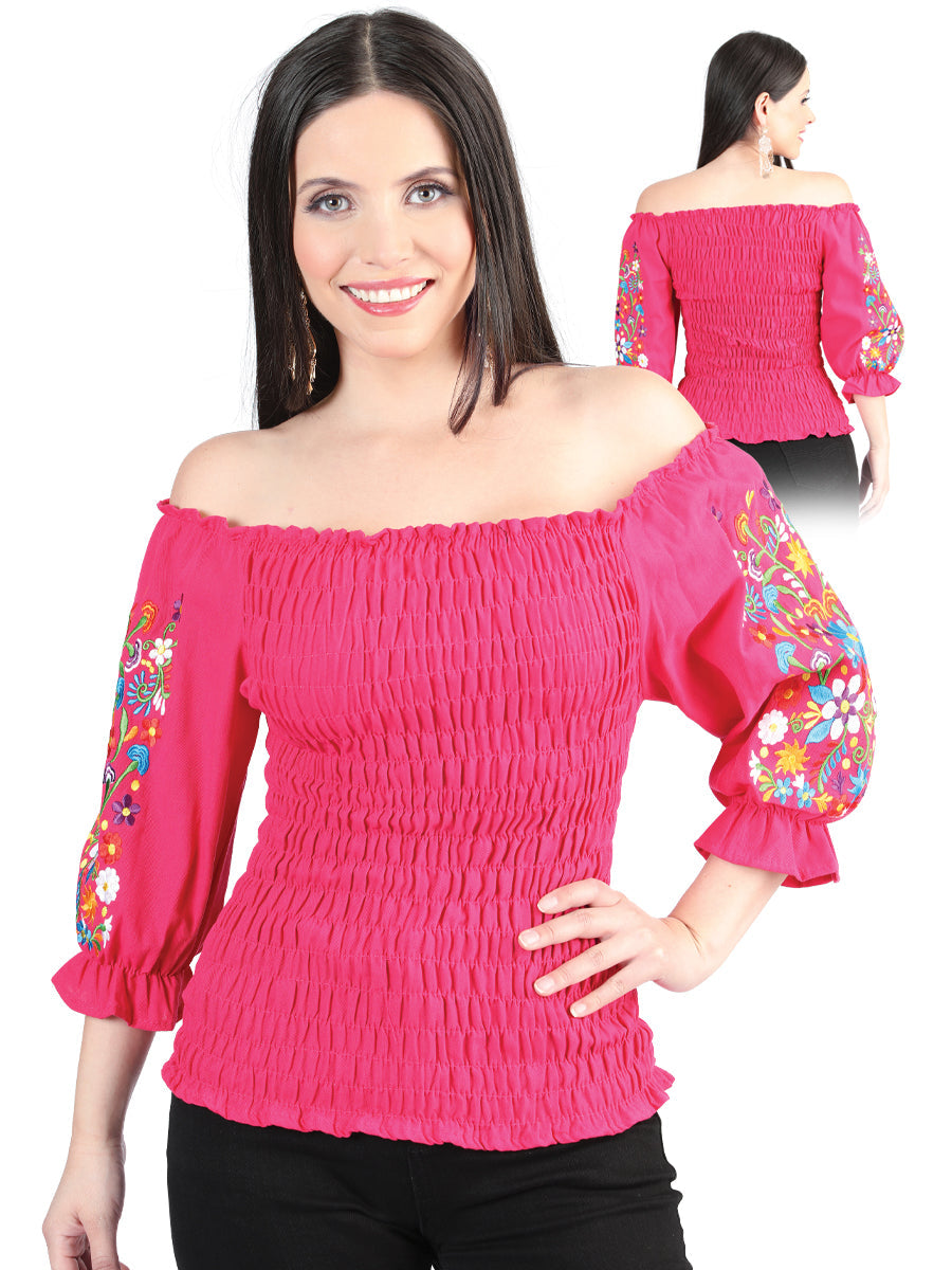 Artisanal Embroidered Blouse 100% Cotton in Fuchsia