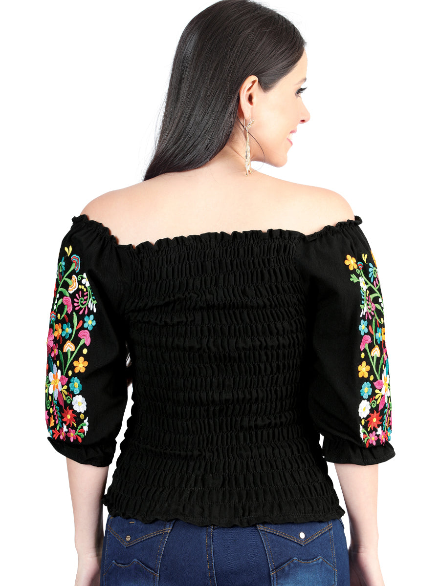 Artisanal Embroidered Blouse 100% Cotton in Black