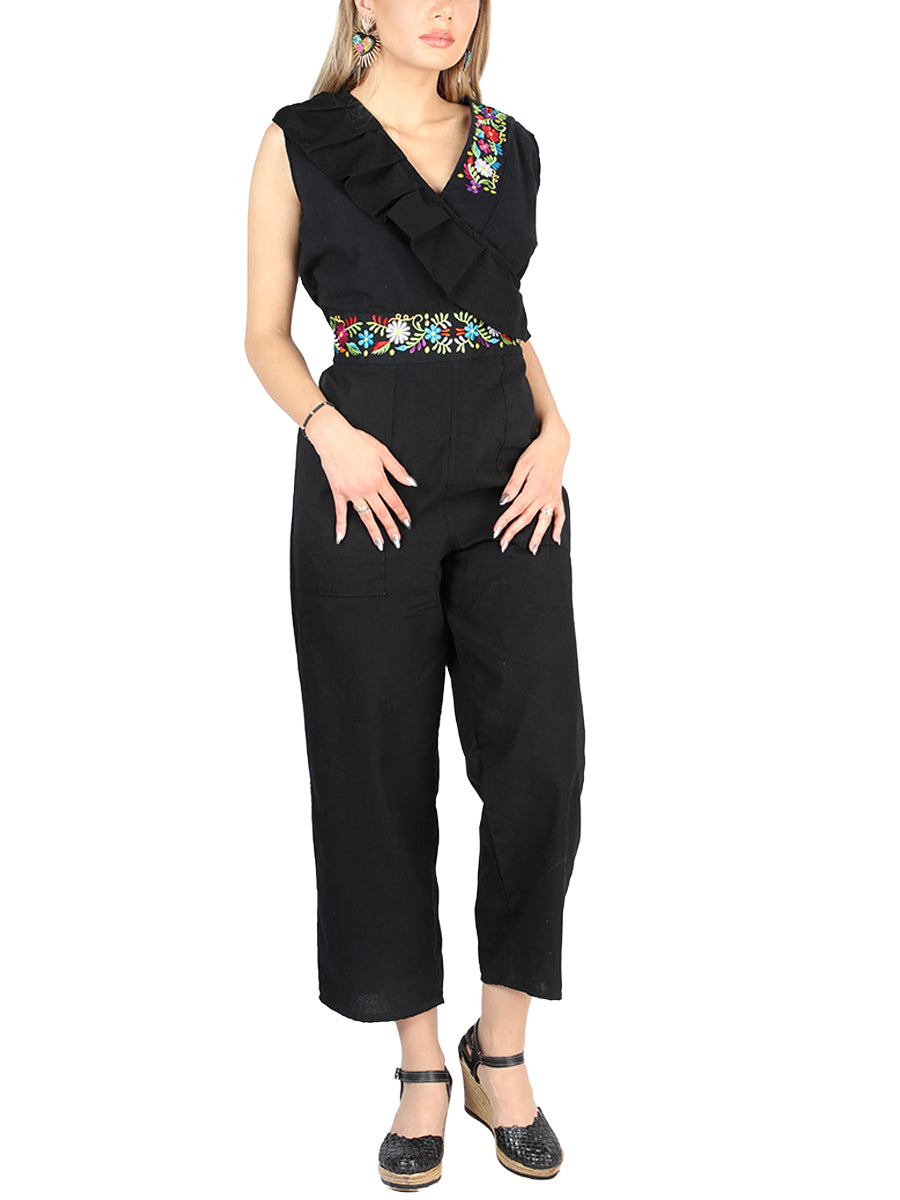 Artisanal Embroidered Jumpsuit 100% Cotton in Black