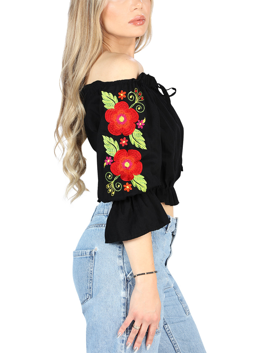 Artisanal Embroidered Blouse 100% Cotton in Black
