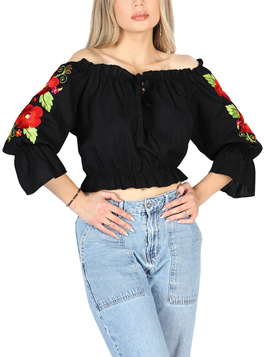 Artisanal Embroidered Blouse 100% Cotton in Black