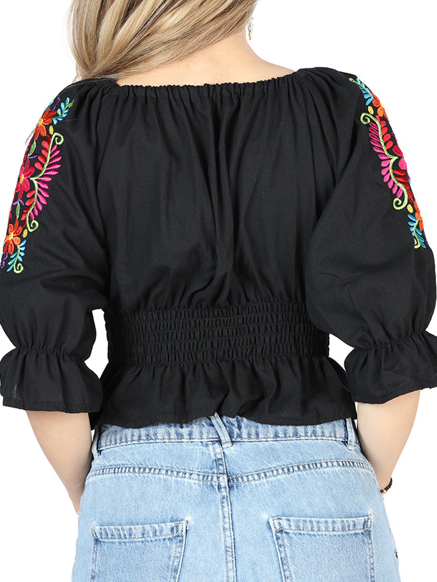 Artisanal Embroidered Blouse 100% Cotton in Black