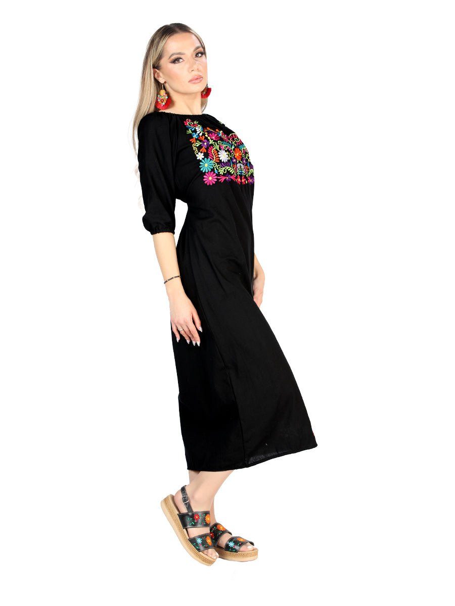 Artisanal Embroidered Dress 100% Cotton in Black