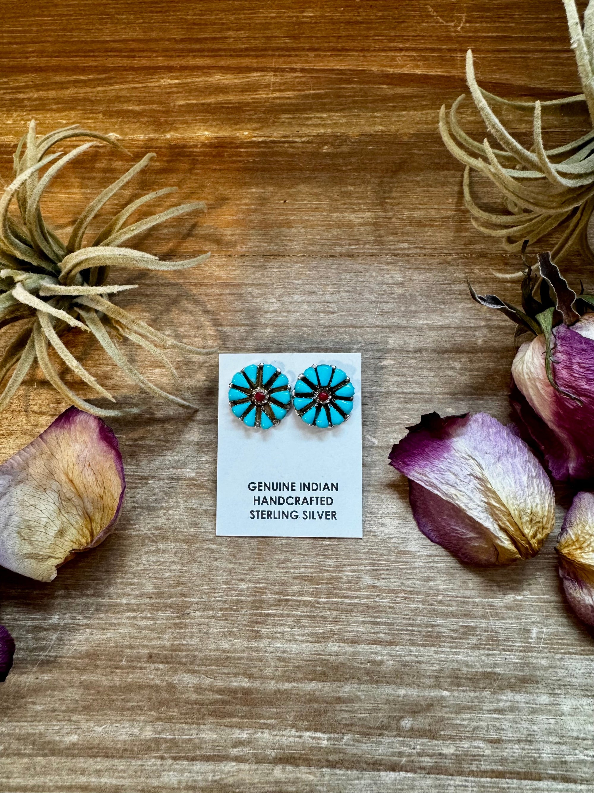 Blue Magnesite Turquoise &amp; Red Cluster Stud Earrings