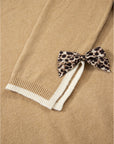 Leopard Bow Split Cuff Contrast Trim Sweater