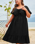 Plus Size Ruched Lace-Up Short Sleeve Midi Dress