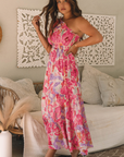 Abstract Floral One-Shoulder Shirred Maxi Dress