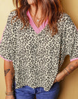 Leopard Contrast V-Neck Short Sleeve Top