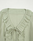 Solid Tie Front V-Neck Ruffle Trim Blouse
