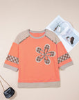 Plaid Flower Waffle Knit Patchwork 3/4 Sleeve Top