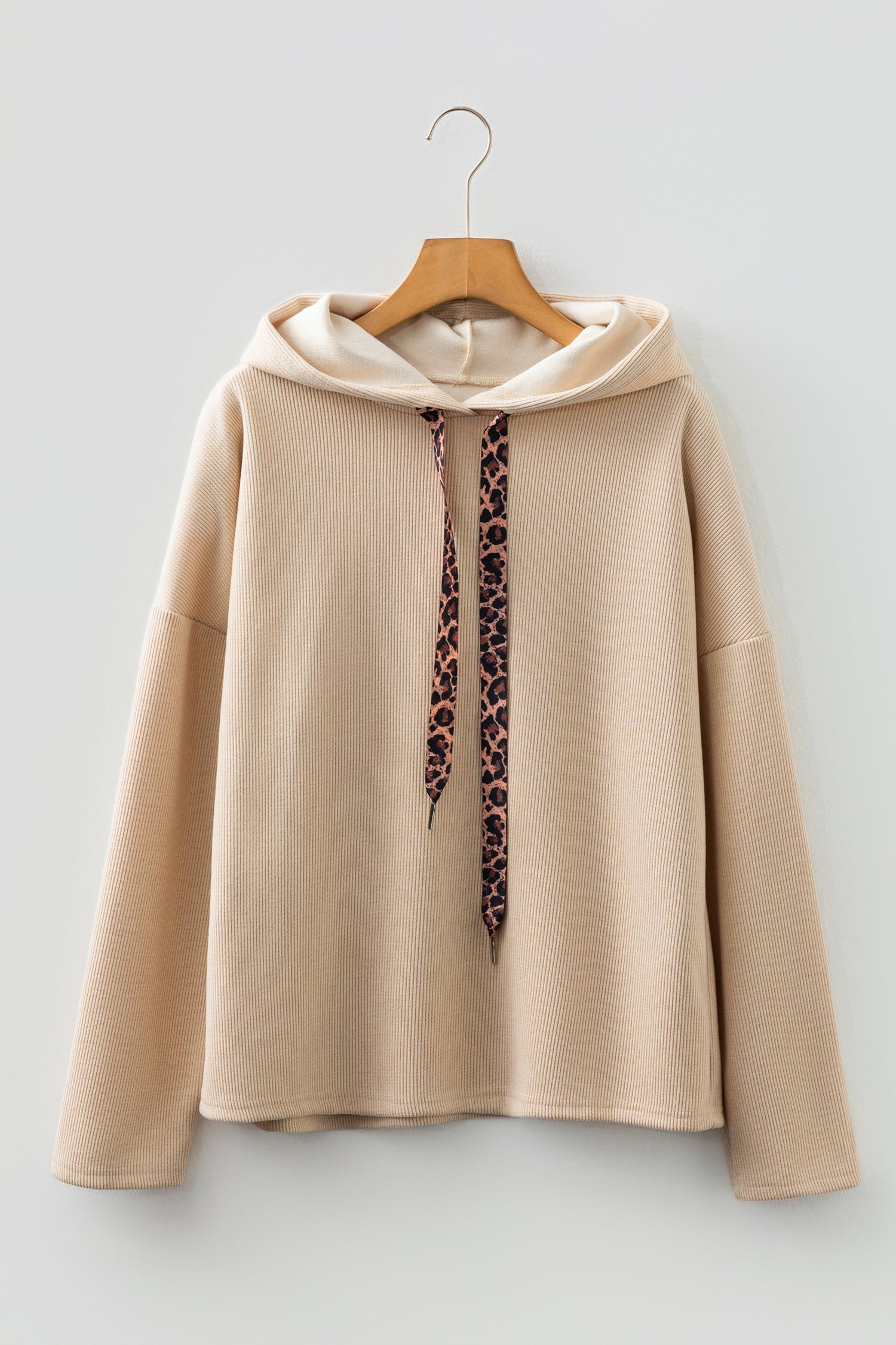 Ribbed Knit Leopard &amp; Lace Drawstring Hoodie