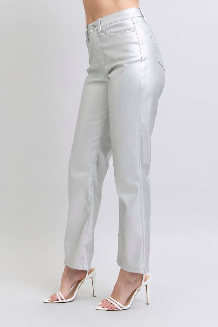 Tummy Control Metallic Silver Faux Leather Straight