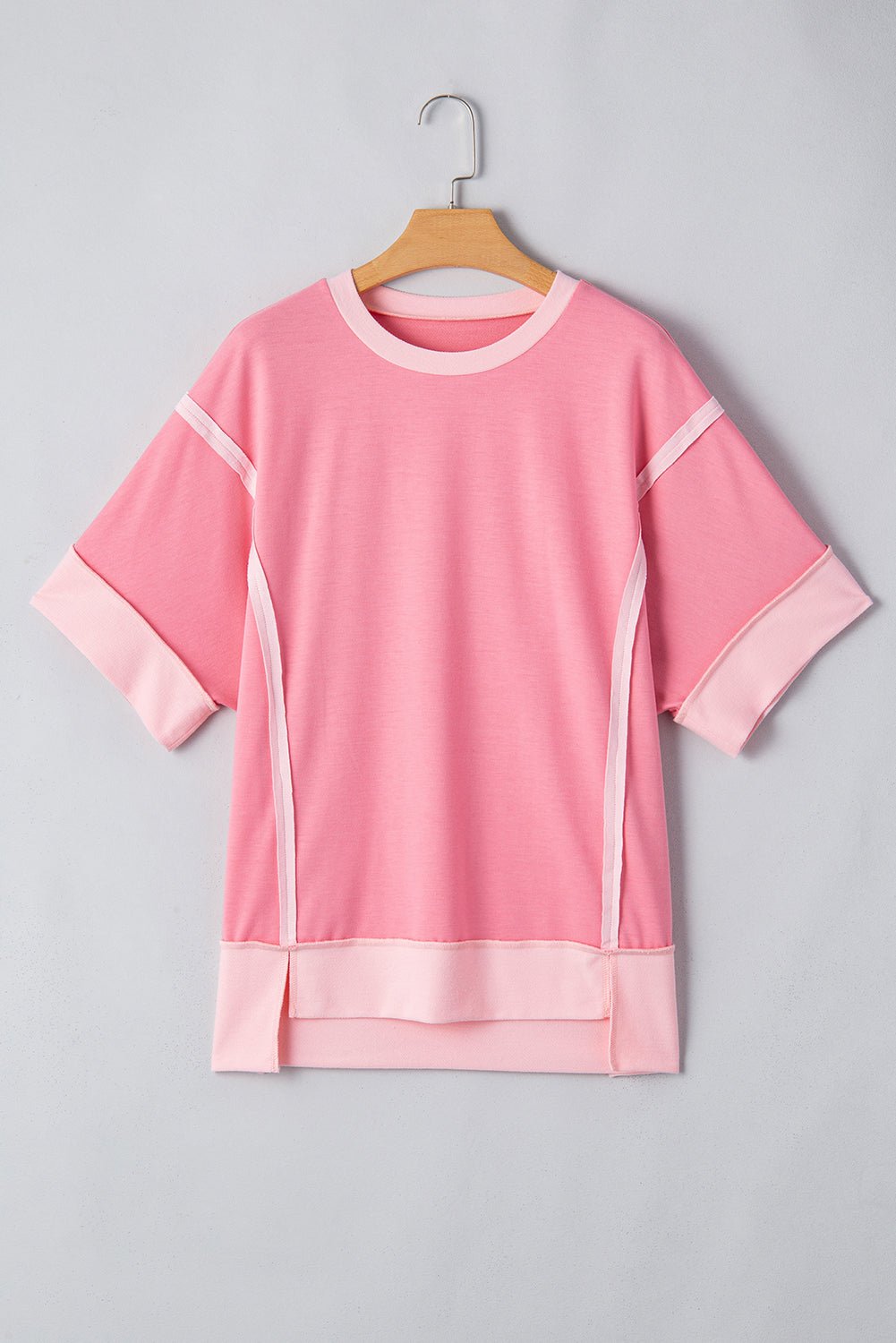 Colorblock 3/4 Sleeve Raw Seam High-Low Top