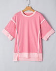Colorblock 3/4 Sleeve Raw Seam High-Low Top