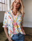 Solana Boho Flower Half Puff Sleeve Blouse