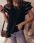 Contrast Trim Ruffle Short Sleeve Blouse