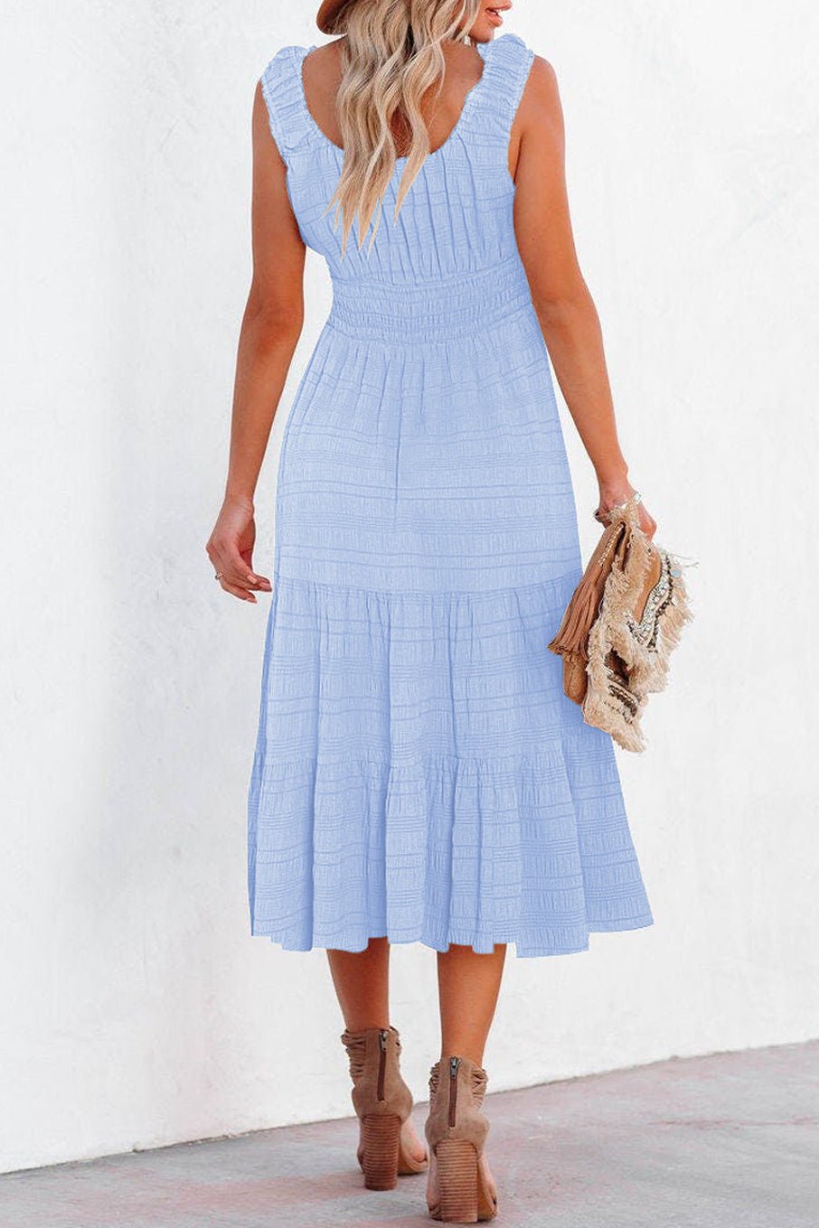 Shirred Pleated Square Neck Sleeveless Midi Dress