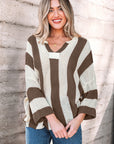 Colorblock Stripe V-Neck 3/4 Sleeve Sweater