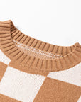 Checker Colorblock Ribbed Trim Sweater Knit Top