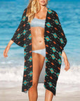 Baha Ranch Black Turquoise Orange Aztec Duster Kimono Coverup