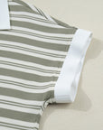 Stripe Collared V-Neck Short Sleeve Midi Dress