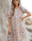 Boho Floral Short Puff Sleeve Mini Dress