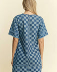 Checker Denim Frayed Hem Mini Dress