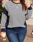 Blue Stripe Contrast Stitched Detail Color Block Patchwork Plus Size Sweatshirt