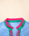 Contrast Stripe V-Neck Short Puff Sleeve Blouse